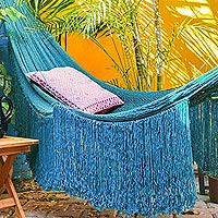 Cotton rope hammock, 'Caribbean Blue Cascade' (double) - Turquoise Cotton Hammock from Mexico (Double)