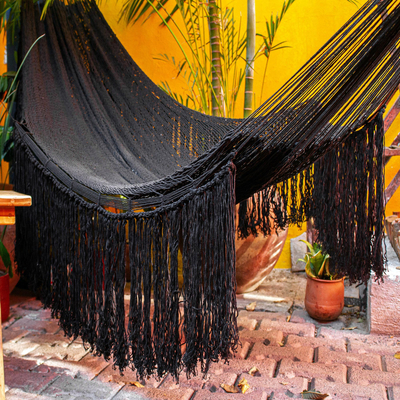 Cotton rope hammock, 'Ebony Cascade' (double) - Fringed Black Cotton Rope Hammock (Double) from Mexico