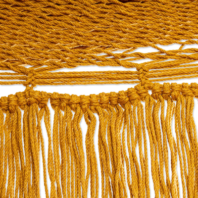 Cotton rope hammock, 'Amber Cascade' (double) - Fringed Amber Yellow Cotton Hammock from Mexico (Double)