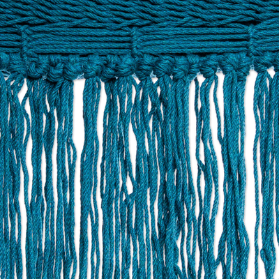 Cotton rope hammock, 'Caribbean Blue Cascade' (triple) - Fringed Teal Hammock from Mexico (Triple)