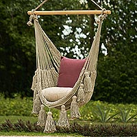 Cotton hammock swing, 'Ocean Seat in Ivory' (single) - Tasseled Beige Cotton Rope Mayan Hammock Swing from Mexico