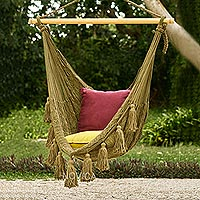 Cotton hammock swing, 'Ocean Seat in Olive Green' (single)