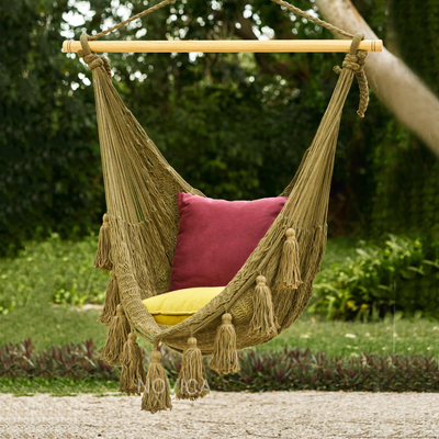 Cotton hammock swing, 'Ocean Seat in Olive Green' (single) - Tasseled Cotton Rope Mayan Hammock Swing from Mexico