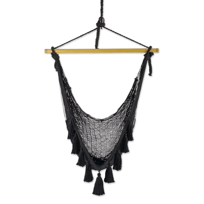 Cotton hammock swing, 'Ocean Seat in Black' (single) - Tasseled Black Cotton Rope Mayan Hammock Swing