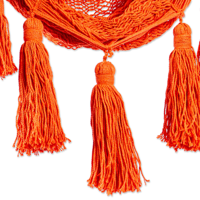 Cotton hammock swing, 'Ocean Seat in Orange' (single) - Orange Tasseled Cotton Rope Mayan Hammock Swing from Mexico