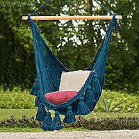 Cotton rope hammock swing, 'Ocean Seat' (Single) - Blue Cotton Mayan Hammock Swing from Mexico (Single)