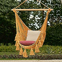 Cotton hammock swing, 'Ocean Seat in Warm Honey' (single) - Honey Brown Tasseled Cotton Rope Mayan Hammock Swing