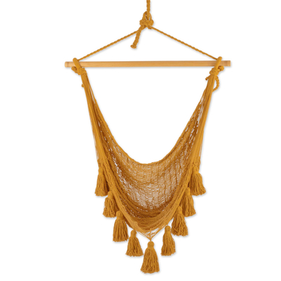 Cotton hammock swing, 'Ocean Seat in Warm Honey' (single) - Honey Brown Tasseled Cotton Rope Mayan Hammock Swing
