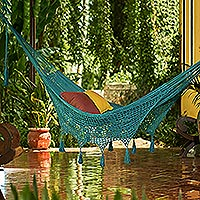Cotton rope hammock, 'Veranda in Teal' (double) - Handwoven Teal Cotton Hammock (Double) from Mexico