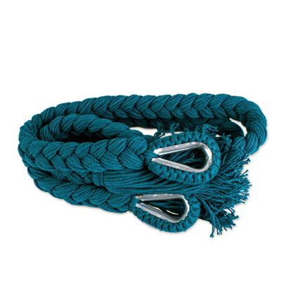 Cotton rope hammock, 'Veranda in Teal' (double) - Handwoven Teal Cotton Hammock (Double) from Mexico
