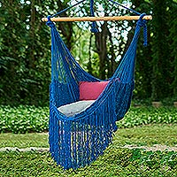 Cotton hammock swing, 'Sea Breezes in Midnight Blue' (single) - Fringed Navy Cotton Rope Mayan Hammock Swing from Mexico