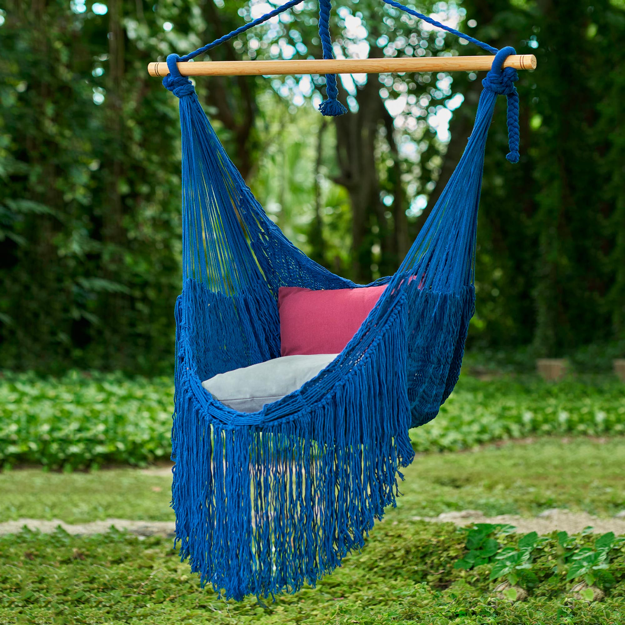 Fringed Navy Cotton Rope Mayan Hammock Swing from Mexico - Sea Breezes in  Midnight Blue