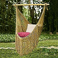 Cotton hammock swing, 'Sea Breezes in Olive Green' (single) - Olive Green Fringed Cotton Rope Mayan Hammock Swing