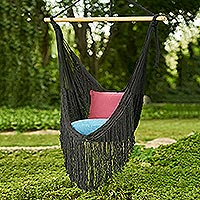 Cotton hammock swing, 'Sea Breezes in Black' - Black Fringed Cotton Rope Mayan Hammock Swing from Mexico
