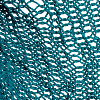 Columpio de hamaca de algodón - Columpio maya de cuerda de algodón verde azulado con flecos de México