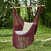 Cotton hammock swing, 'Sea Breezes in Bordeaux' - Burgundy Fringed Cotton Rope Mayan Hammock Swing from Mexico