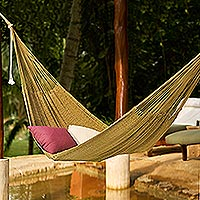 Cotton rope hammock, 'Sunset Siesta in Olive Green' (double) - Olive Green Cotton Rope Hammock (Double) from Mexico