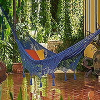 Cotton rope hammock, 'Sunset Dreams in Navy' (triple) - Navy Tasseled Cotton Rope Hammock (Triple) from Mexico
