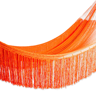 Cotton rope hammock, 'Orange Cascade' (triple) - Orange Fringed Cotton Rope Hammock (Triple) from Mexico