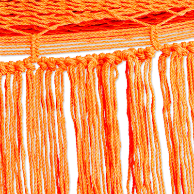 Cotton rope hammock, 'Orange Cascade' (triple) - Orange Fringed Cotton Rope Hammock (Triple) from Mexico
