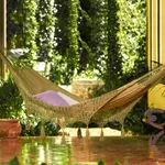 Cotton rope hammock, 'Veranda in Olive Green' (Double) - Crocheted Fringe Olive Green Cotton Hammock (Double)