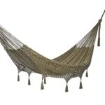 Cotton rope hammock, 'Veranda in Olive Green' (Double) - Crocheted Fringe Olive Green Cotton Hammock (Double)