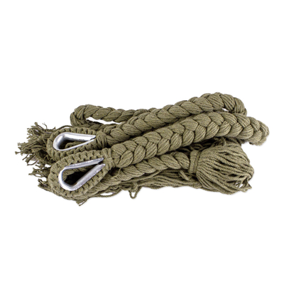 Hamaca de cuerda de algodón, (Doble) - Hamaca de algodón verde oliva con flecos a crochet (doble)