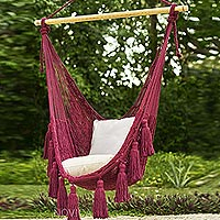 Cotton hammock swing, 'Ocean Seat in Bordeaux' - Tasseled Cotton Rope Mayan Hammock Swing in Wine from Mexico