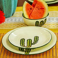 Ceramic dinner plates, 'Saguaro' (pair) - Cactus Motif Ceramic Dinner Plates (Pair)