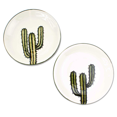 Keramik-Salatteller, 'Saguaro' (Paar) - Handbemalte Kaktus-Salatteller (Paar)