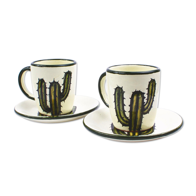 Ceramic cups and saucers, 'Saguaro' (pair) - Cactus-Themed Cups and Saucers (Pair)