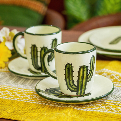 Tazas y platillos de cerámica, 'Saguaro' (par) - Tazas y platillos con temática de cactus (par)