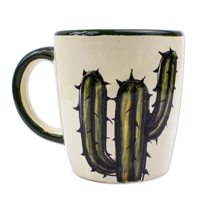 Ceramic cups and saucers, 'Saguaro' (pair) - Cactus-Themed Cups and Saucers (Pair)