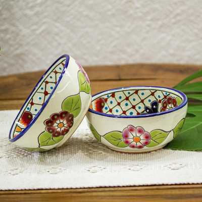 Ceramic bowls, 'Colors of Mexico' (pair) - Floral Hand Painted Bowls (Pair)
