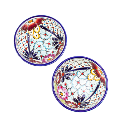 Ceramic bowls, 'Colors of Mexico' (pair) - Floral Hand Painted Bowls (Pair)