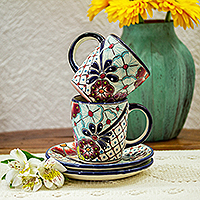 Tazas y platillos de cerámica, 'Colores de México' (par) - Tazas y Platillos Estilo Talavera (Pareja)