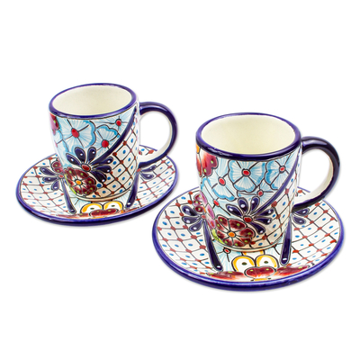 Ceramic cups and saucers, 'Colors of Mexico' (pair) - Talavera-Style Cups and Saucers (Pair)