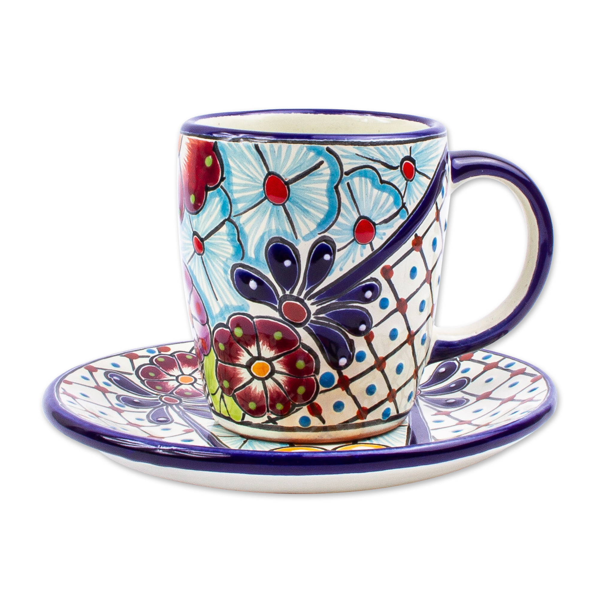 UNICEF Market | Talavera-Style Cups and Saucers (Pair) - Colors of Mexico