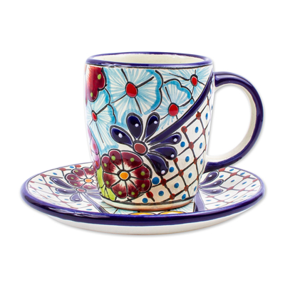 Ceramic cups and saucers, 'Colors of Mexico' (pair) - Talavera-Style Cups and Saucers (Pair)