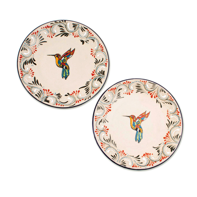Platos de ensalada de cerámica, (par) - Platos de ensalada de cerámica con motivos de colibríes (par)