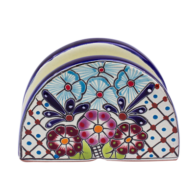 Ceramic napkin holder, 'Traditional Flowers' - Majolica Ceramic Napkin Holder from Mexico