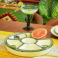 Ceramic appetizer platter, 'Saguaro' - Serving Platter and Snack Bowl Set from Mexico