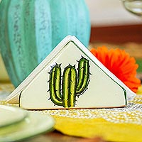 Ceramic napkin holder, 'Saguaro' - Hand Painted Cactus Napkin Holder