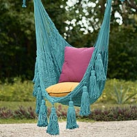 Cotton hammock swing, 'Ocean Seat in Teal' - Tasseled Cotton Rope Mayan Hammock Swing in Teal from Mexico
