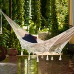 Cotton rope hammock, 'Veranda in Beige' (Triple) - Beige Tasseled Cotton Hammock (Triple) From Mexico