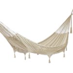 Cotton rope hammock, 'Veranda in Beige' (Triple) - Beige Tasseled Cotton Hammock (Triple) From Mexico