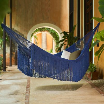 Cotton rope hammock, 'Navy Blue Cascade' (Triple) - Fringed Navy Blue Cotton Hammock from Mexico (Triple)