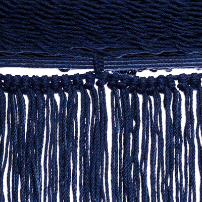 Cotton rope hammock, 'Navy Blue Cascade' (Triple) - Fringed Navy Blue Cotton Hammock from Mexico (Triple)
