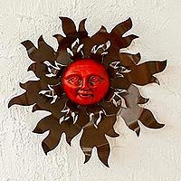 Steel and ceramic wall plaque, 'Fire and Sun' - Steel and Ceramic Sun Flames Wall Plaque from Mexico