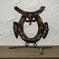 Reclaimed Horseshoe Sculpture from Mexico,'Good Luck Owl'